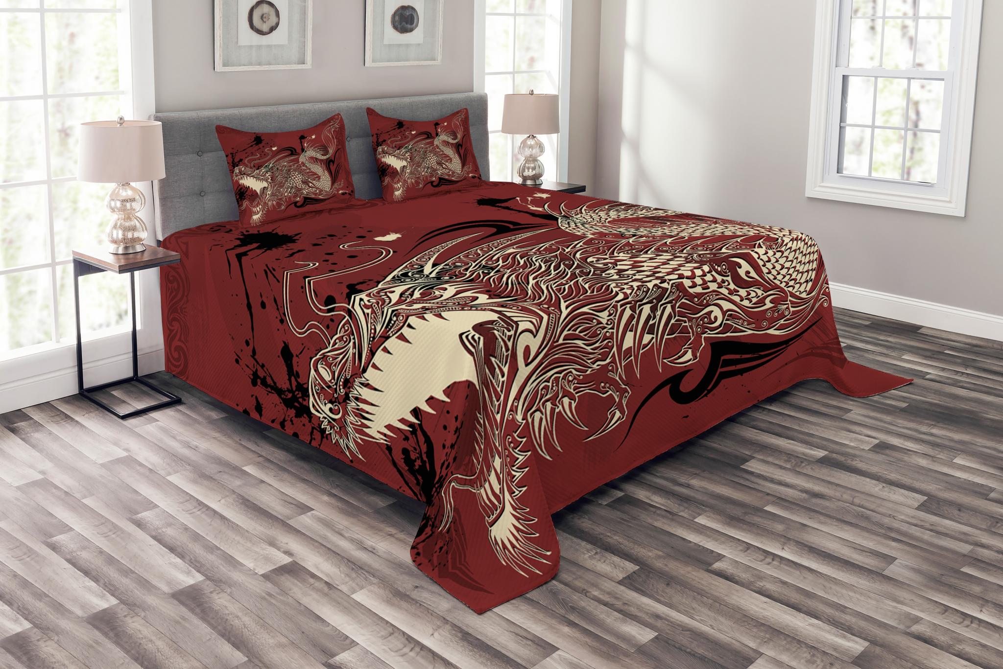 Dragon Bedspread Set King Size, Angry Dragon Doodle on Grunge