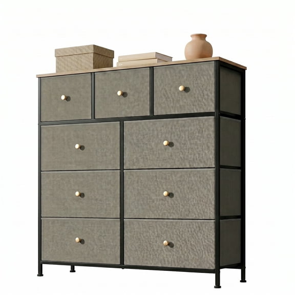 EDX 9 Drawer Dresser, Wide Chest of Drawers Nightstand Storage Tower Storage Fabric Dresser with Wood Top for Living Room, Bedroom, Hallway,Sage Green