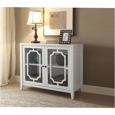JERFIT Modern White Console Table with Glass Doors & Storage Cabinet for Entryway, Living Room