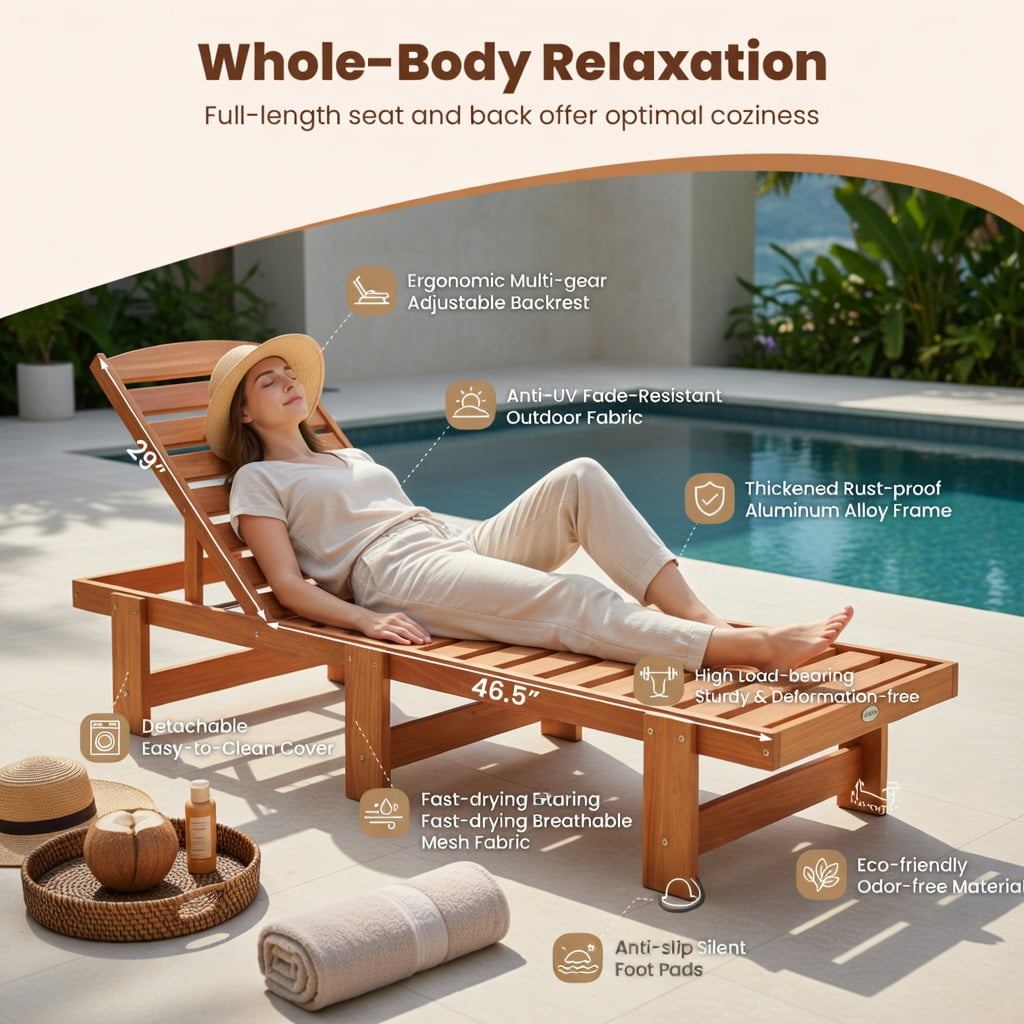 Hommoo Solid Wood Outdoor Chaise Lounge Chair with 5-Position Adjustable Backrest, Heavy-Duty Patio Recliner for Backyard, Garden & Poolside, Natural