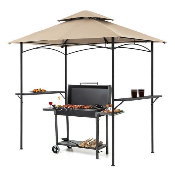 JOIVI Grill Gazebo 8 x 5 Double Tiered Outdoor BBQ Grill Patio Canopy, Backyard Barbeque Tent with Extra Shelves, Beige