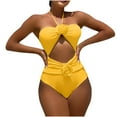 thumbnail image 2 of ZQUUVOU Women's Cutout Halter Monokini One Piece Bikini Swimsuit Solid Color Cutout Drawstring Rose Suspender Swimsuit Yellow, 2 of 9