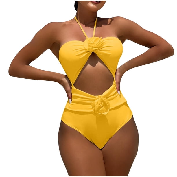 Trajes de baño de una pieza para mujer, bikini de moda de color liso con cordón y tirantes de rosas huecas, traje de baño para mujer, trajes de baño para mujer, moda de playa para mujer