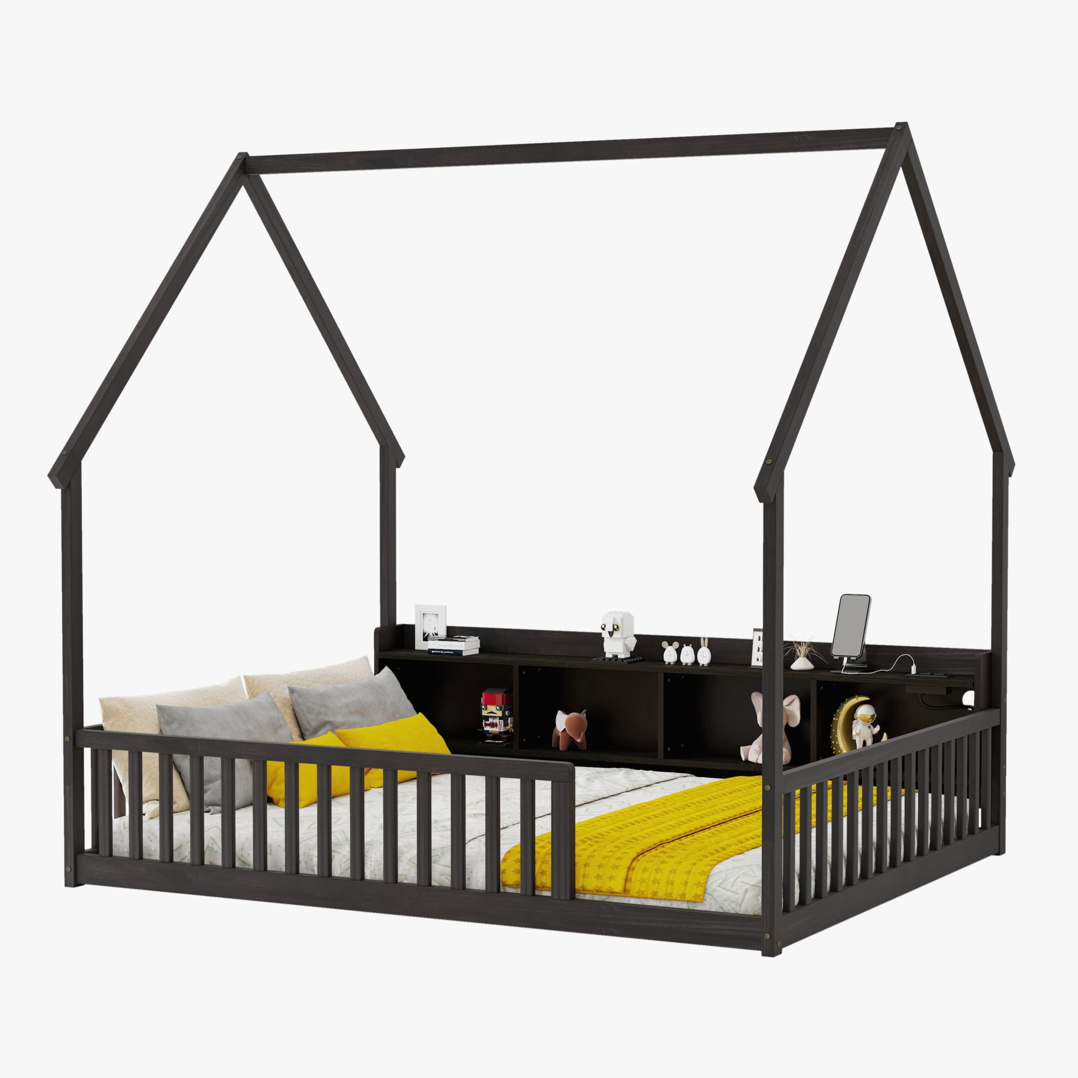Noble House Norra Full Size Pine Wooden House Floor Bed with Storage Shelves, LED Lights & Charging Station, Espresso