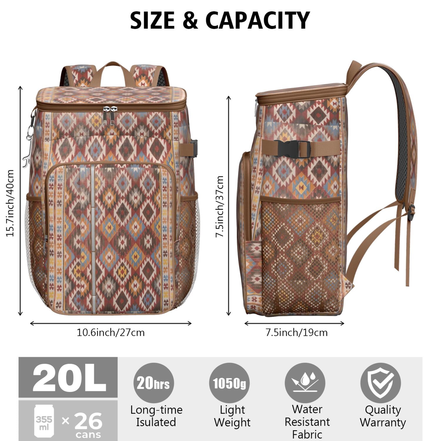 Travel Cooler Bag - Boho Bohemia Pioneer Flower Geometric Line Art Camping Beer Cooler Backpack with Bottle Opener- Waterproof Insulated Picnic Backpacks - Cooler Bag for Beach