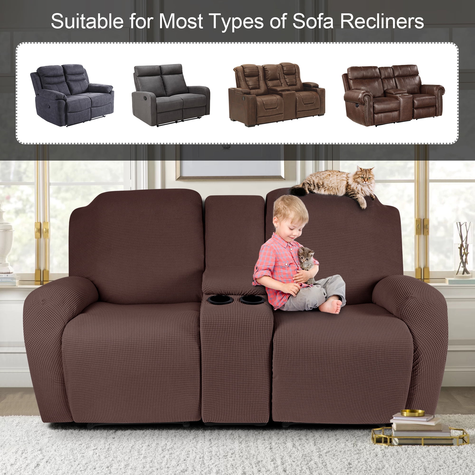 TAOCOCO Stretch Loveseat Slipcover with Middle Console, 4-Pieces Reclining Sofa Cover for 2 Seat Couch Recliner Sofa Slipocvers Furniture Protector, Chocolate
