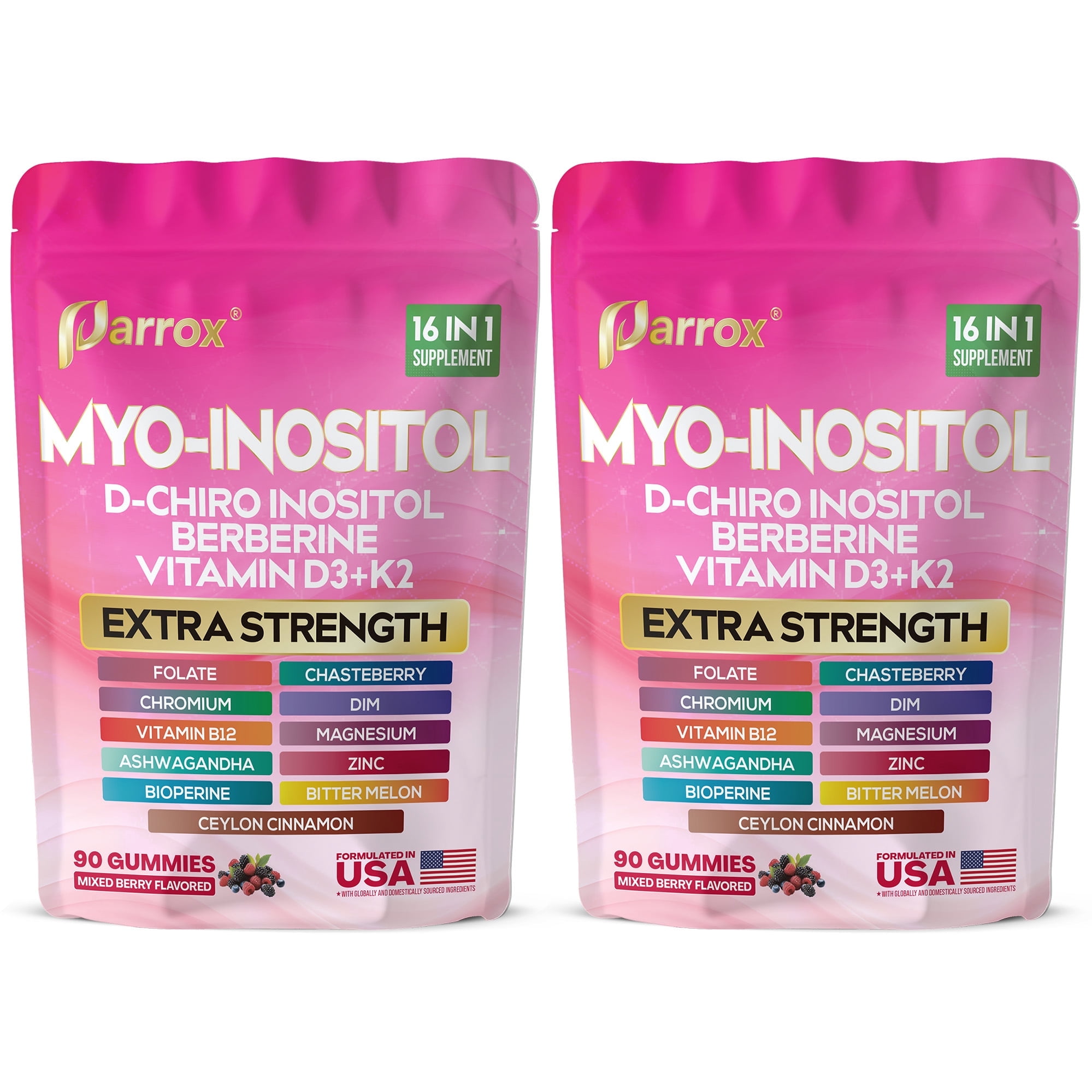 Parrox Myo-Inositol & D-Chiro Inositol Gummies with Berberine, Vitamins D3+K2, B12, Folate, Zinc, Magnesium, Ashwagandha, Chasteberry, Bioperine, DIM - 16 in 1 Supplement - 90 Gummies (2 Pack)