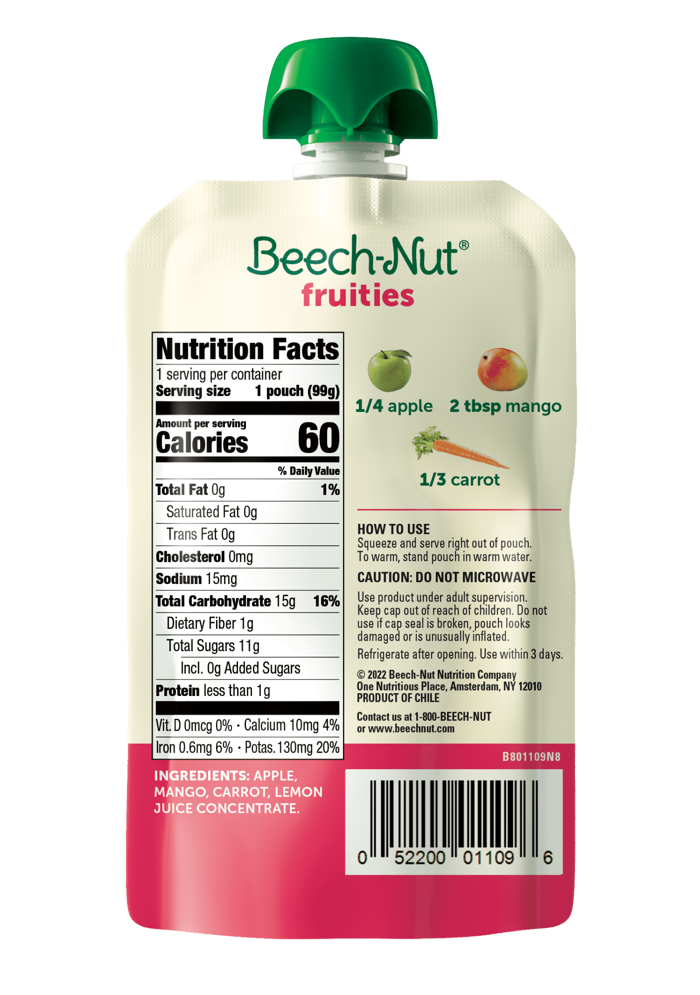 Beech-Nut Fruities Stage 2 Baby Food, Apple Mango & Carrot, 3.5 oz Pouch
