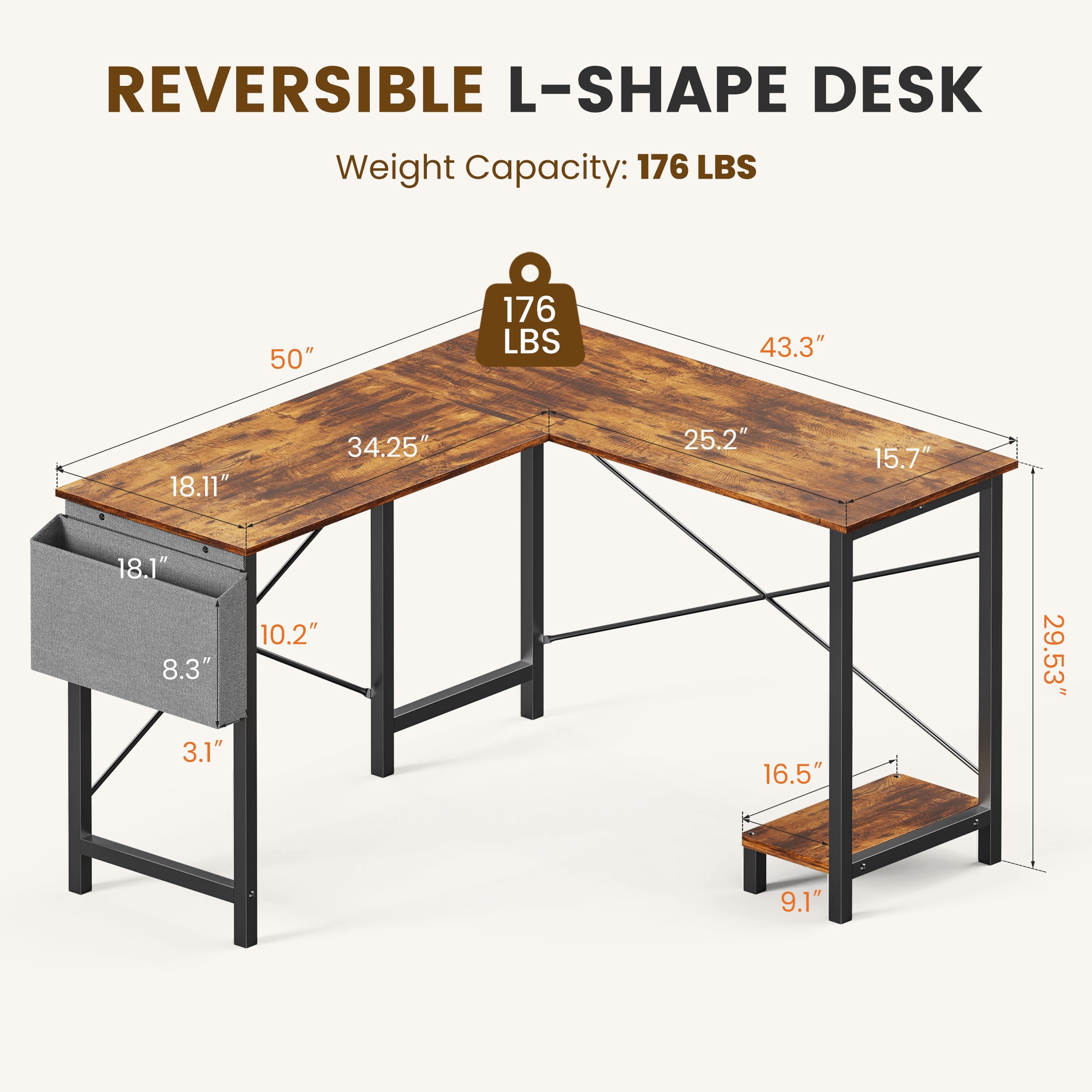 CONCETTA 49in Reversible L Shaped Computer Desk with Storage, Coner Desk with Wooden Desktop, CPU Stand and Side Bag for Home Office & Gaming, Rust Brown