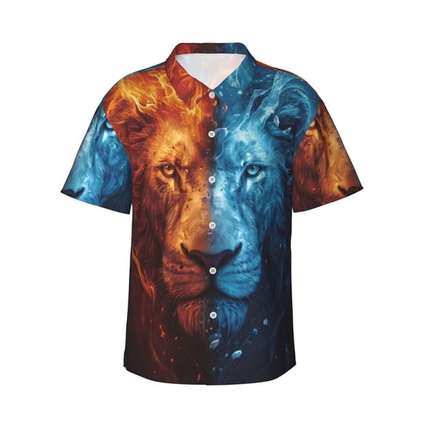 Fotbe Red And Blue Fire Lion Camisa Hawaiana para Hombre Unisex – Camisa Casual de Verano con Botones de Manga Corta de Algodón y Lino,3X-Large