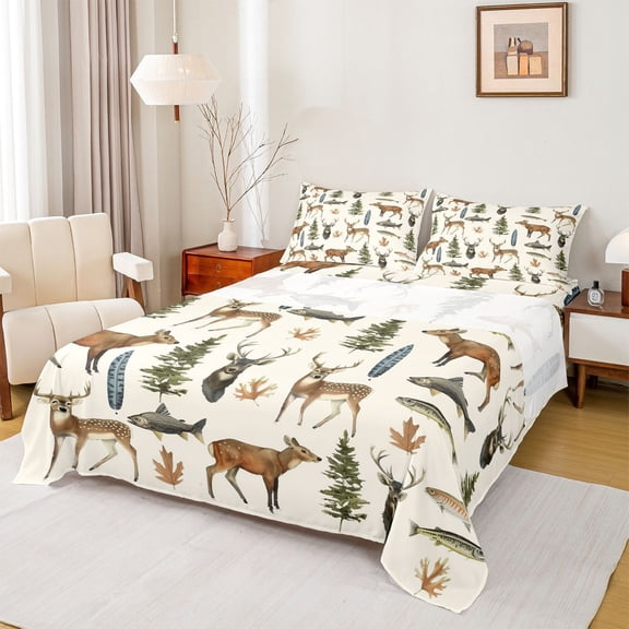 Feelyou Jungle Deer Elk Twin Sheet Sets, Hunting and Fishing Bedding, 3-Piece