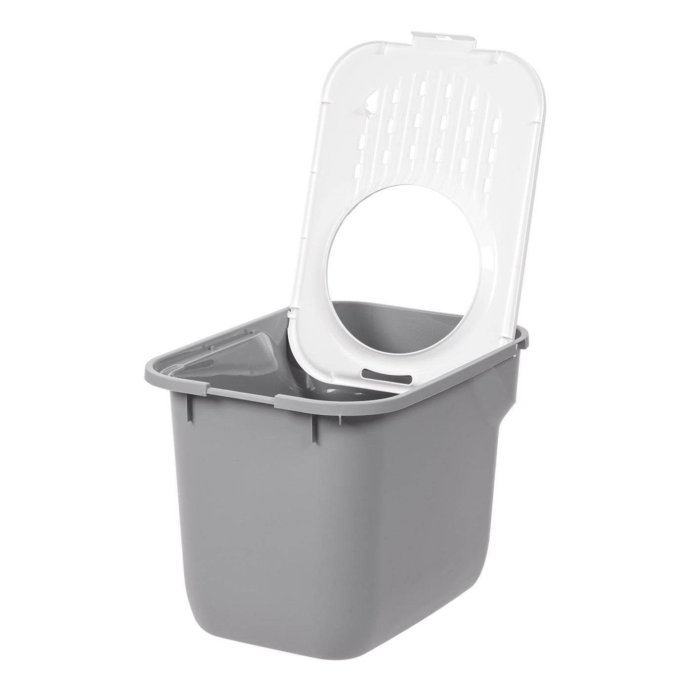 IRIS Square Top Entry Cat Litter Box, Kitty Litter Pan with Litter Particle Catching Cover and Privacy Walls, Gray/White