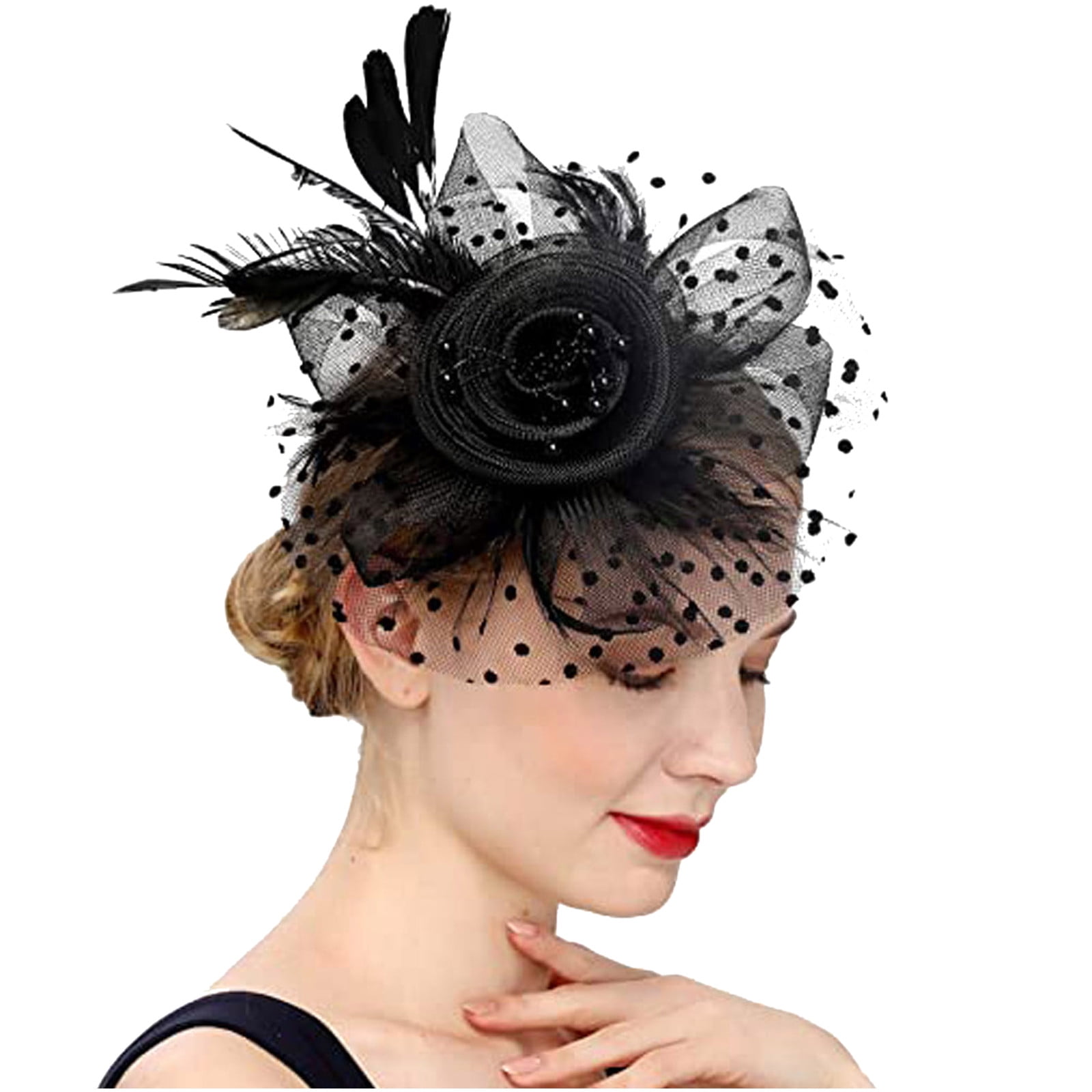 Women Elegant Fascinator Hair Clips Hollow Flower Feather Beads Hair Bands Yarn Cocktail Party Wedding Hair Accessories