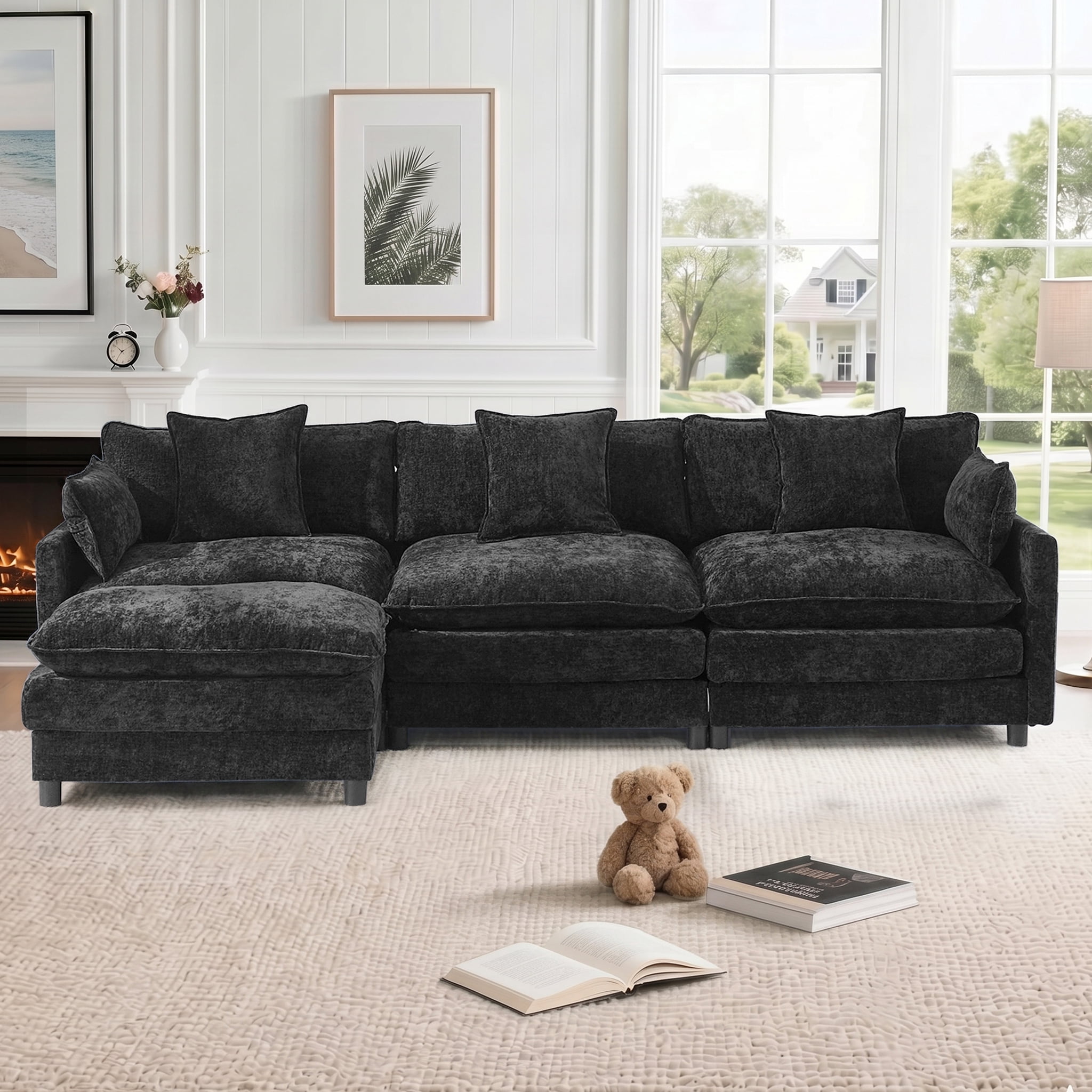 AISWORD 120" L Shaped Modular Sectional Sofa, Cloud Couch with Movable Ottoman, 4 Seat Chenille Deep Seat Sofa with Throw Pillows for Living Room, Black