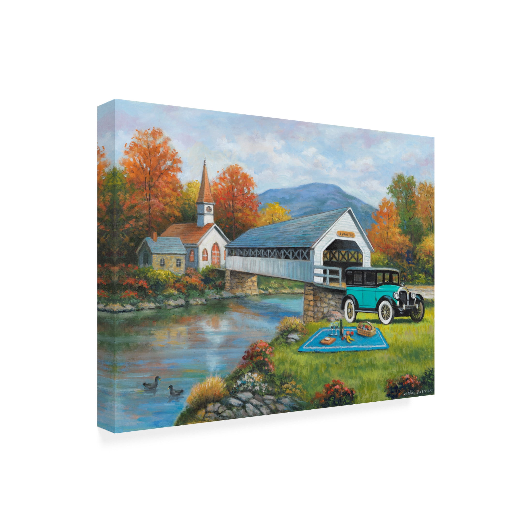 Canvas Wall Art - John Zaccheo 'Picnic By The Bridge' Wall Art for Living Room, Bedroom, or Office Décor by Trademark Fine Art - 32 x 24 Inches