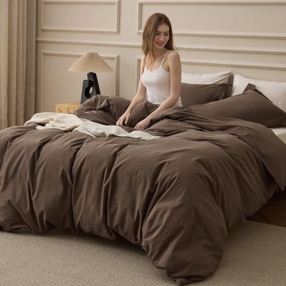 Washed Cotton Duvet Cover Queen Size 90"x90" Brown