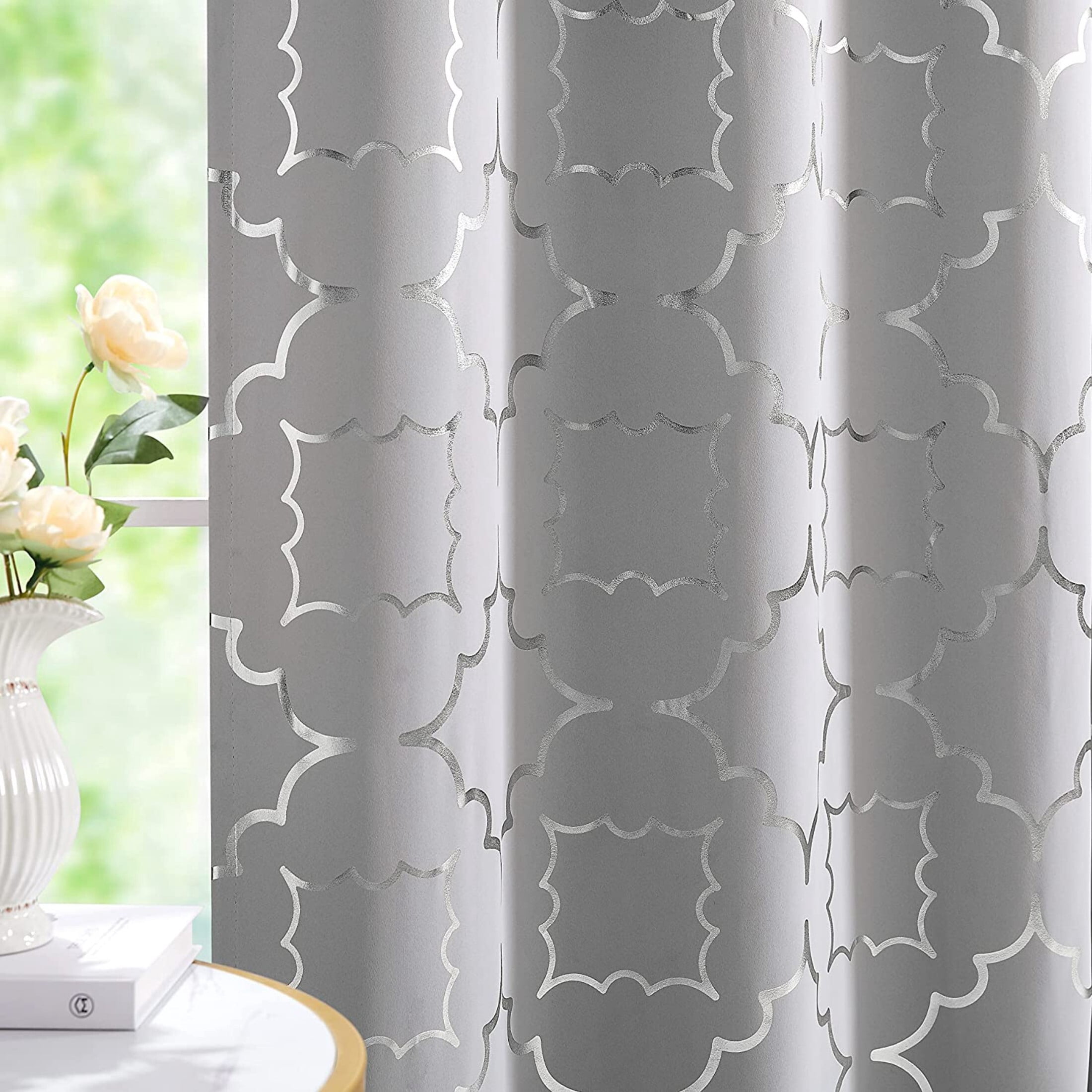 Junvictex Blackout Silver-Grey Curtain for Bedroom 52"Wx84"L Foil Metallic Print Energy Efficient Drapes,2 Panels