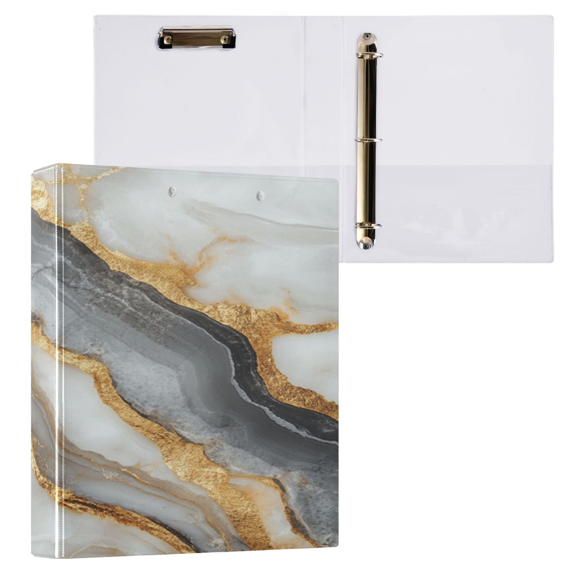 WOBOGO Black Gold Marble Pattern File Folders Extra Large Capacity to Hold 200 Sheets of Documents Hard Shell Ring Binder for School Home Office