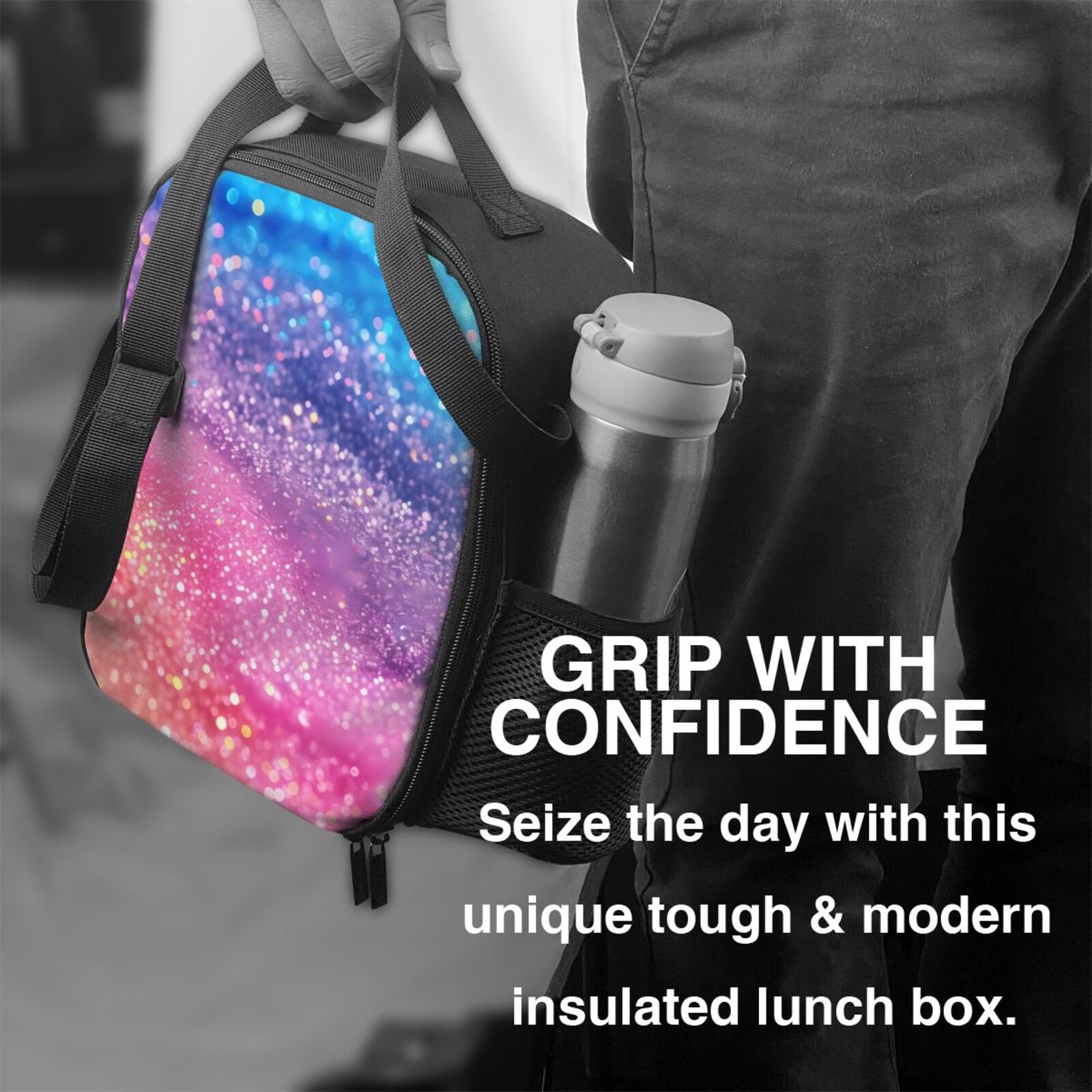 Xecao Rainbow Glitter Cute Print Lunch Bag - Durable, Double-Insulated Lunch Bag, Holds Lunch Box, Water Bottle, & Snacks,Leakproof Cooler Tote Bag