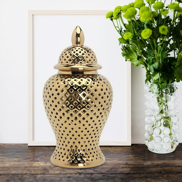 Tarro de jengibre de cerámica moderno con tapa, jarrón de arreglo floral, artesanía ahuecada, tarro de de celosía tallada, decoración de esc Oro BLESIY tarro de jengibre