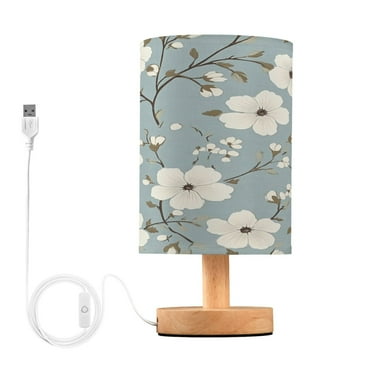 White Flowers Small Lamp Printed Gifts Table Lamp USB Bedside Desk Nightstand Lamp Wood Base for Bedroom Living Room Office Desk College Dorm