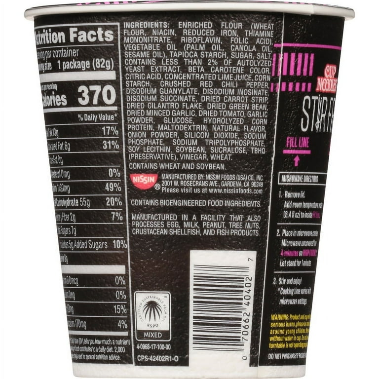 Nissin Cup Noodles Stir Fry Sweet Chili Flavor Asian Noodles in Sauce 2.89 oz. Cup