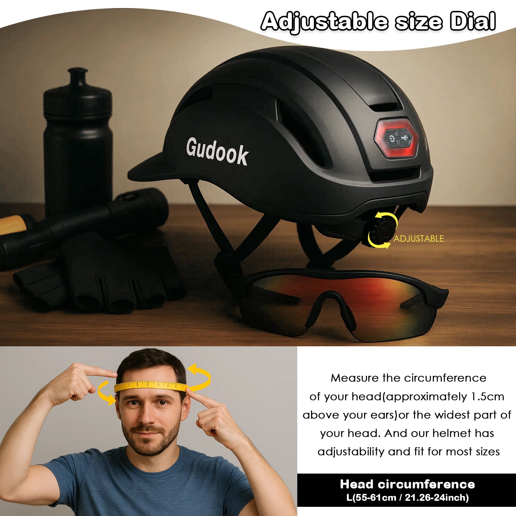 Gudook Adult Bike Helmet for Men - Women Bicycle Helmet with LED Rear Light - Certified Comfort Adjustable Baseball Cap Style Cycling Helmets for Urban Commuter Road Biking Scooter