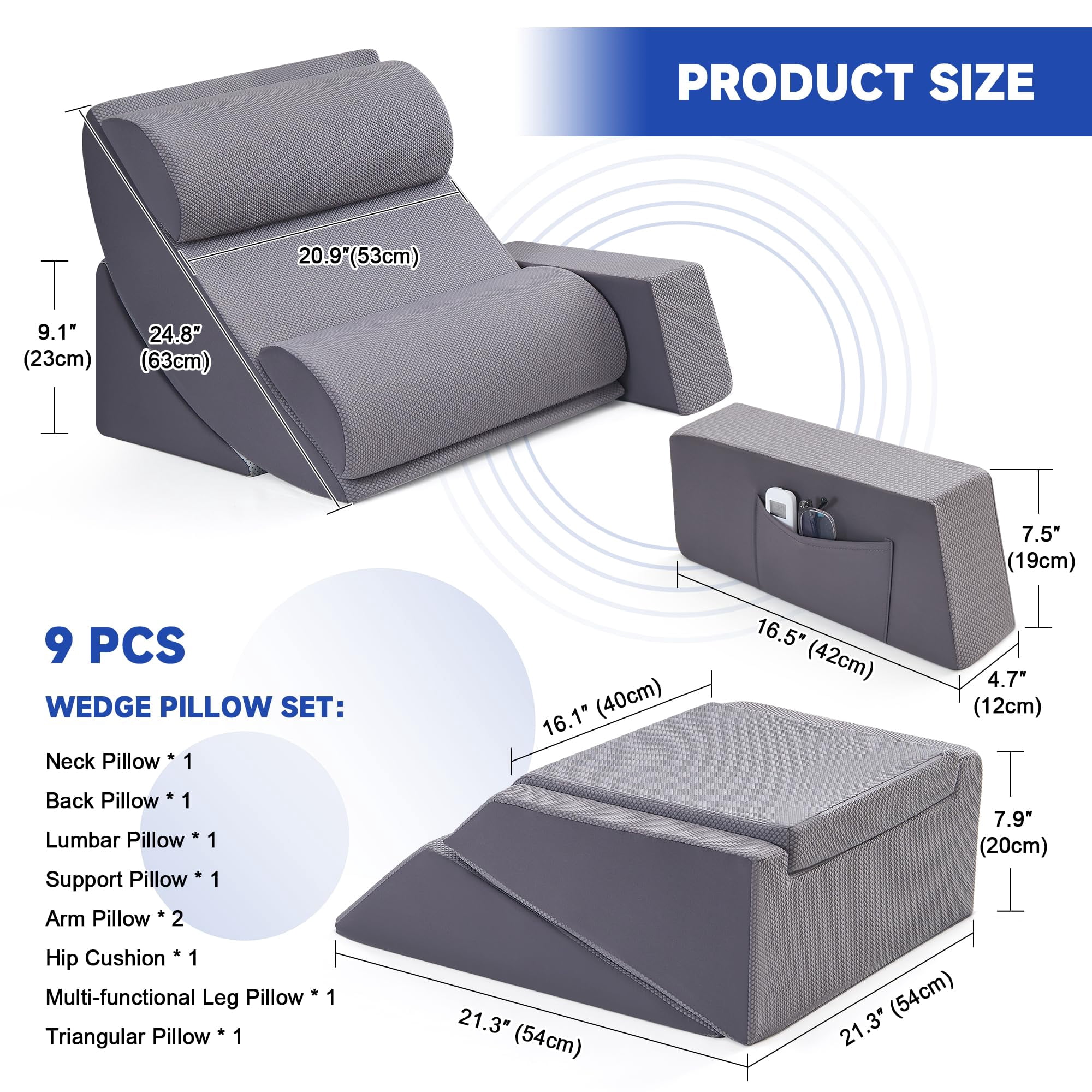Wedge Pillow Set  9pcs Adjustable Memory Foam Neck Leg Reading With Breathable Seersucker Dark Grey