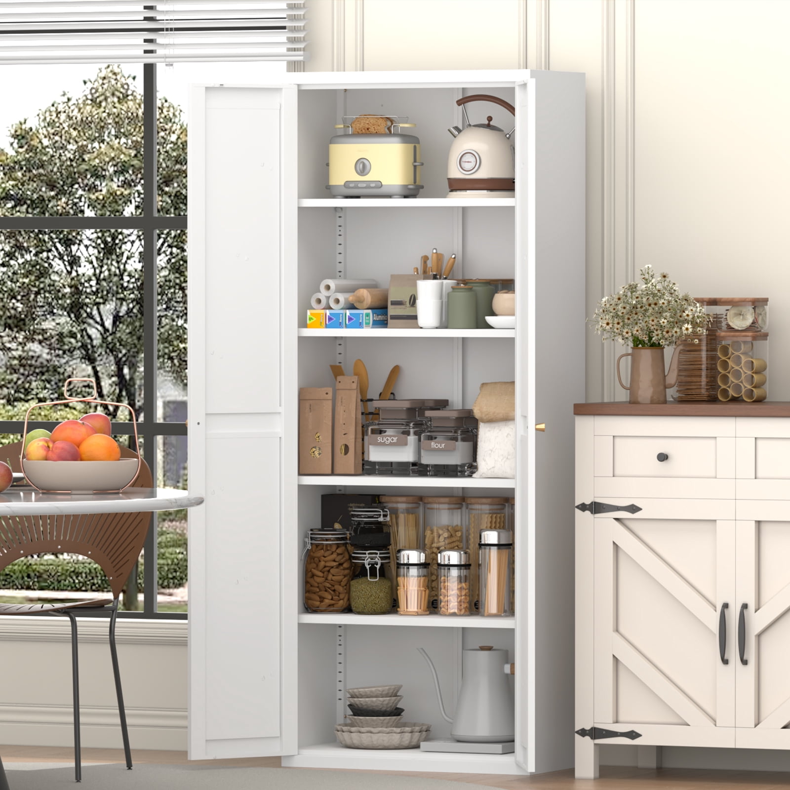 Adjustable 2 Doors Storage Cabinet, Kitchen Pantry Cabinet With Adjustable Shelves Tall Steel Cabinet Locker For Kitchen, Living Room, Dining Room and Office