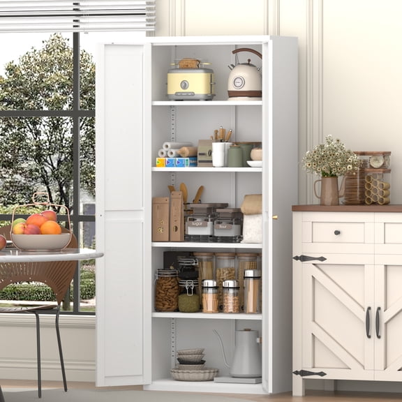 71"H Metal Storage Cabinet with 2 Doors & Adjustable Shelves,Tall Steel Kitchen Pantry Cabinet for Kitchen,Living Room,Dining Room,Office,White