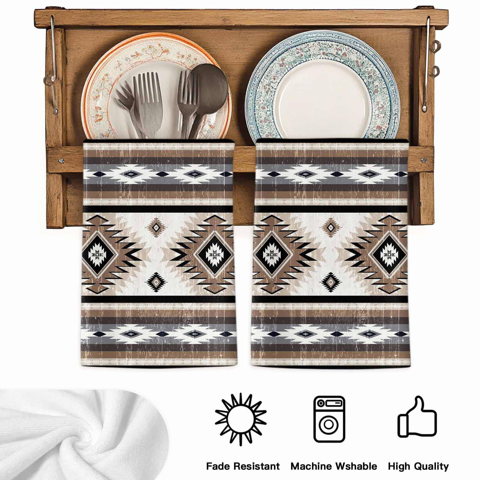 Dish Towels, Brown Grey Boho Aztec Absorbent Kitchen Towels 2 PCS, Southwest Tribal Geometric Microfiber Hand Towels Dish Cloths Tea Towels for Home&nbsp;Bathroom Cleaning Drying,18X28-Inch,