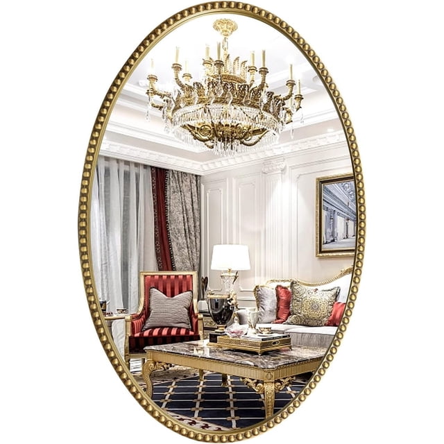 Espejo de pared ovalado para baño, 26 x 39 pulgadas, marco de abalorio de metal dorado envejecido, espejo decorativo para recámara, sala de estar, entrada