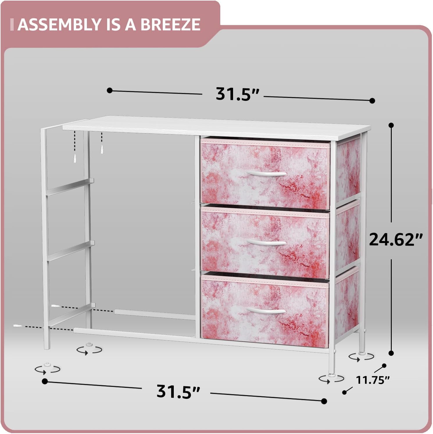 Sorbus 6-Drawer Dresser, Fabric Chest Organizer with Steel Frame & Wood Top, Tie-Dye Pink