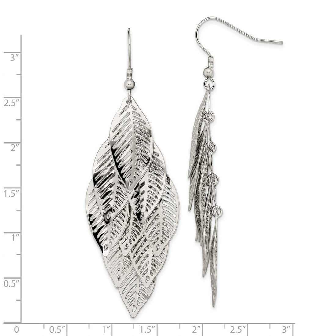 Stainless Steel Polished Leaves Dangle Shepherd Hook Earrings 65x27mm Wide Dangle Earring for Women