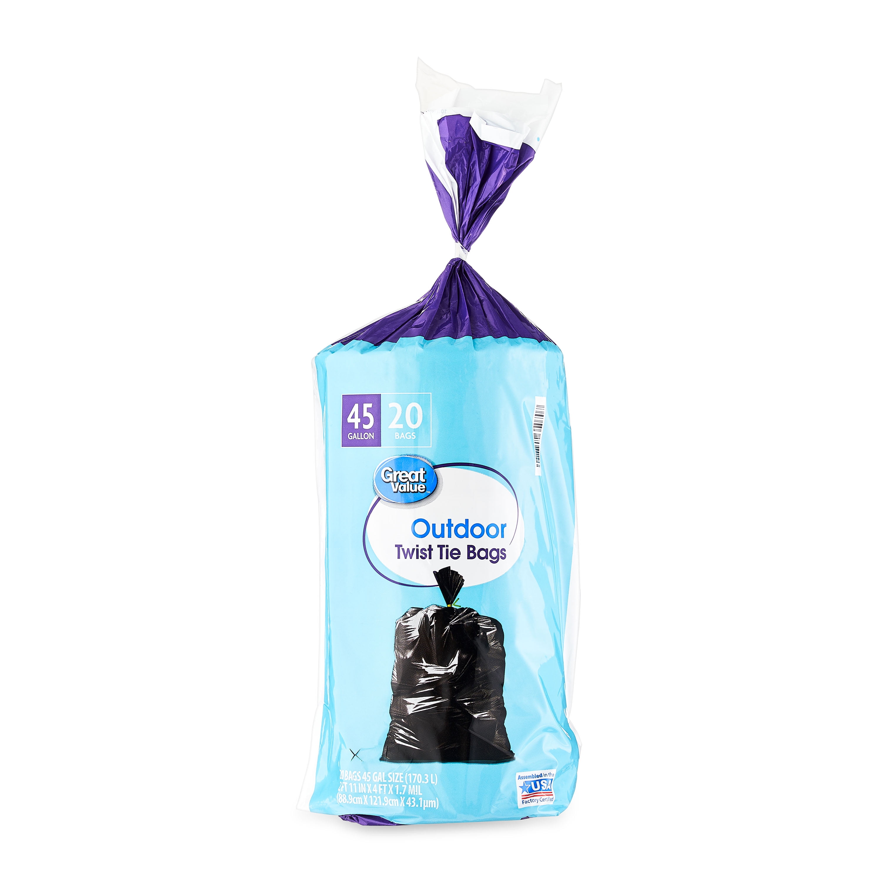 Great Value Large Outdoor Trash Bags, 45 Gallon, 20 Bags (Twist Tie)