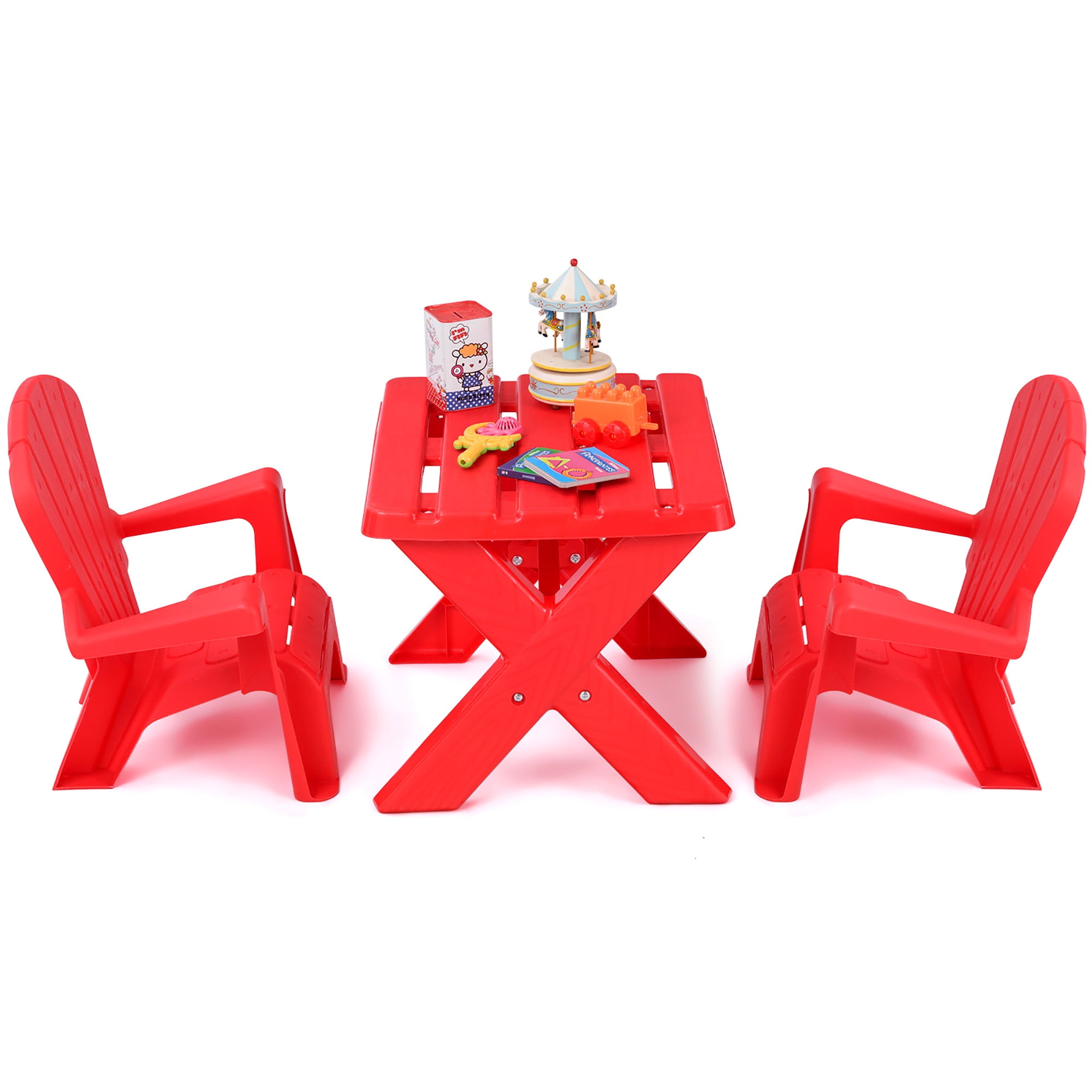 Costway Kids 3-Piece Outdoor Activity Table and Chair Set, Red