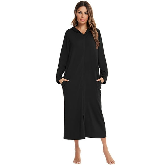 Peignoir pour Mariée et Demoiselles d'Honneur pour Femmes, Peignoir à Capuche pour Femmes, Fermeture Éclair devant, Manches Courtes, Longueur Complète, Robe de Chambre avec Poches, Tenue de Détente, S-10 Noir m