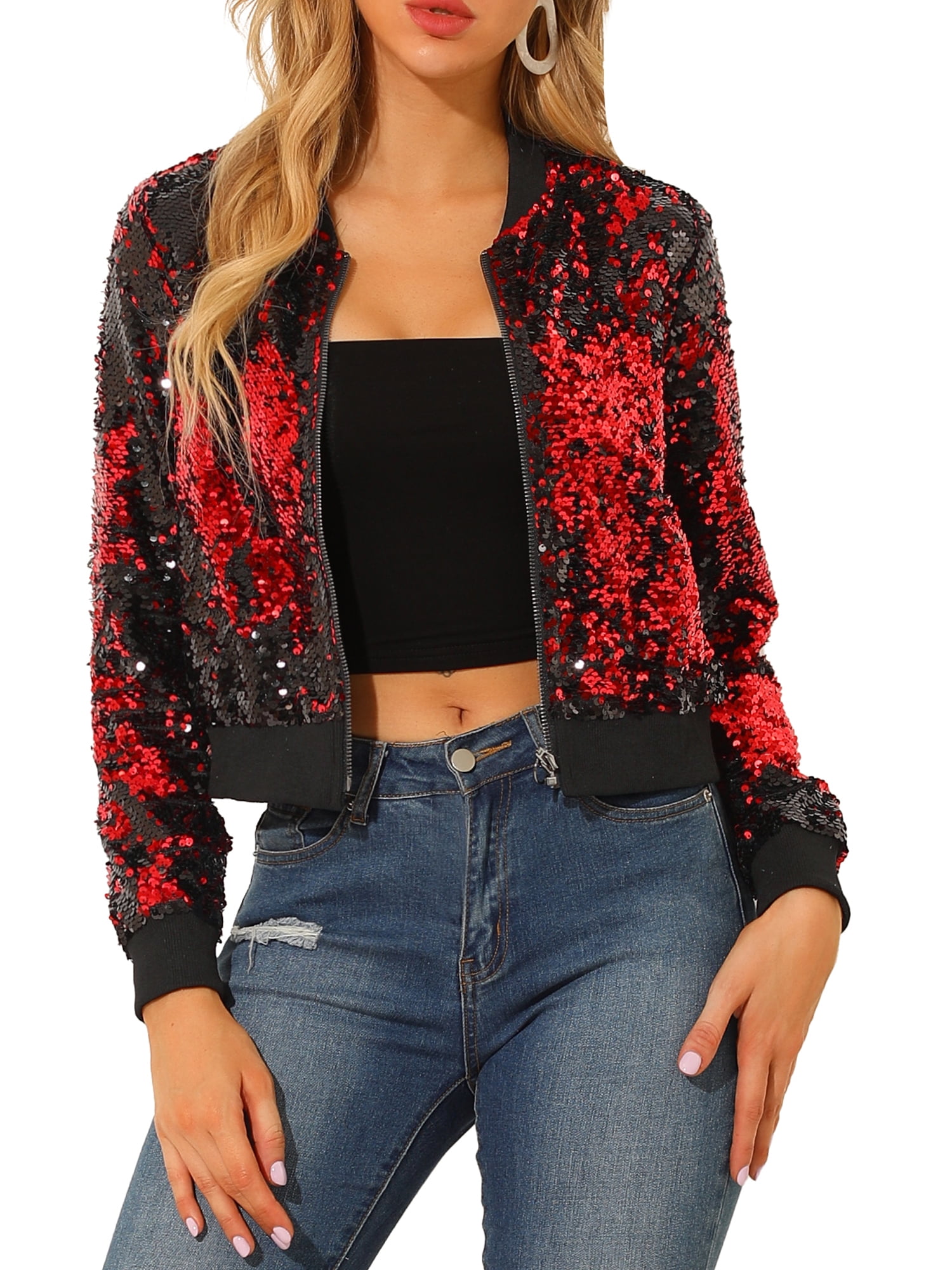 red sequin bomber jacket
