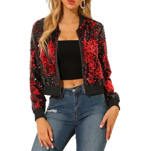 Chaqueta bomber corta con cremallera y mangas largas de lentejuelas para mujer INSPIRE CHIC 2XL roja
