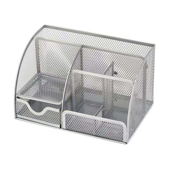 Inteprter Portalápices de malla, cajón, artículos diversos, caja de almacenamiento de Metal para negocios, papelería, gran capacidad, Carpetas de archivos Plata 7 cuadrículas