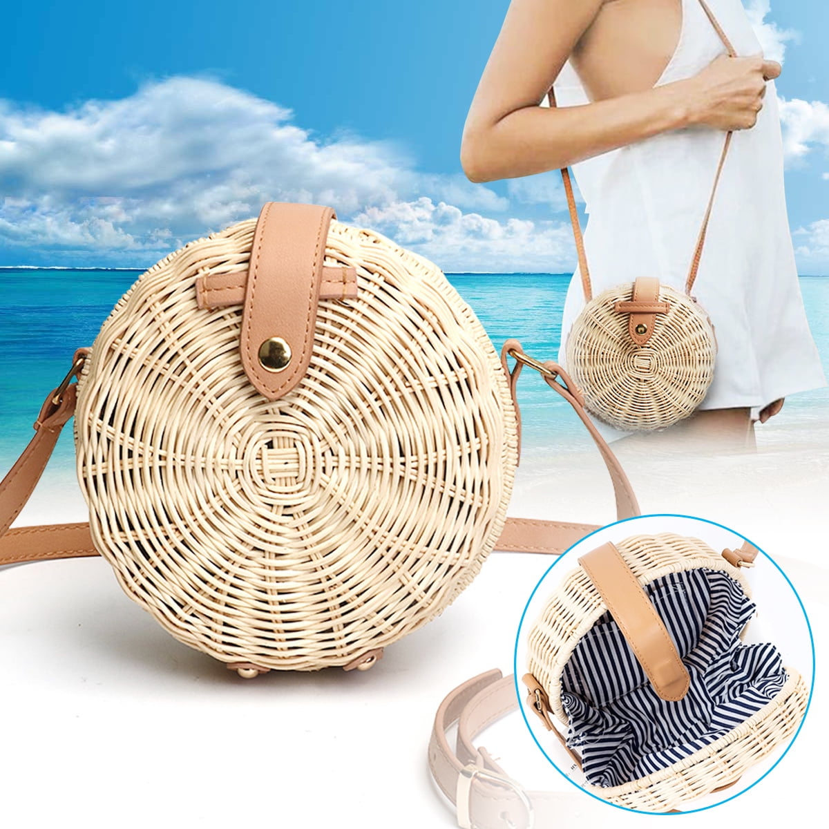 Round Straw Bags Women Summer Rattan Bag Handmade Woven Beach Cross Body Bag Circle Bohemia Handbag Bali Box