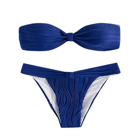 Bigersell Bandeau Swimsuits for Women - Strapless 2 Piece Bathing Suits - Padded Bra / Cheeky Bottoms Two Piece Swimsuits Vacation Swimwear Blue L