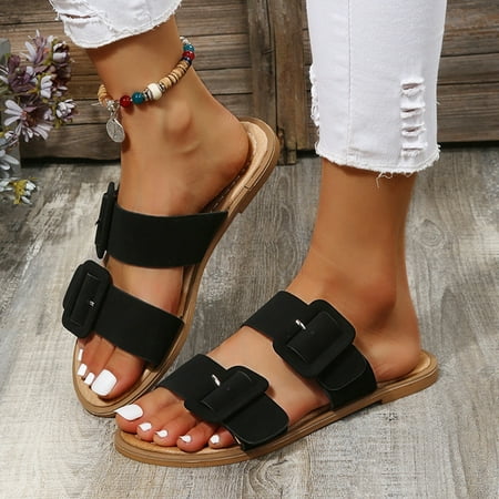 

〖Yilirongyumm〗 Black 38 Sandals Women Fashion Summer Women Sandals Soft Bottom Flat Open Toe Belt Buckle Beach Slippers Casual