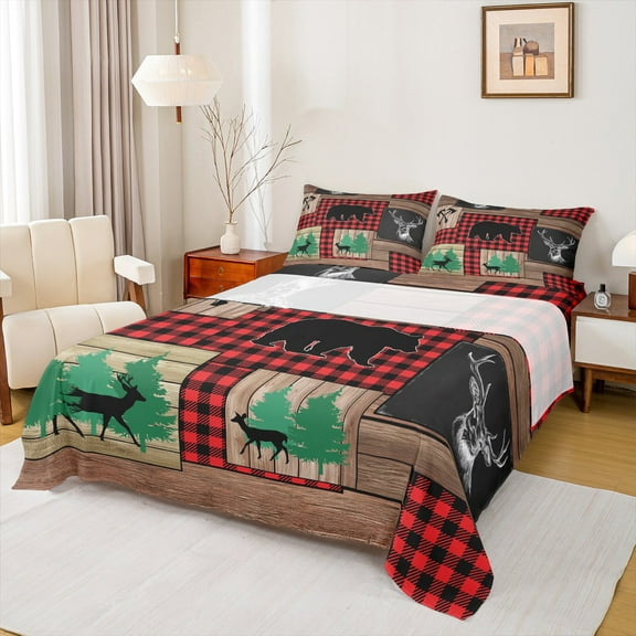 Manfei Wildlife Moose Bear Twin Sheet Sets for Men, Rustic Farmhouse Cabin Twin Fitted Sheet, Buffalo Plaid Patchwork Flat Sheet, Lightweight Room Decor, 3-Piece