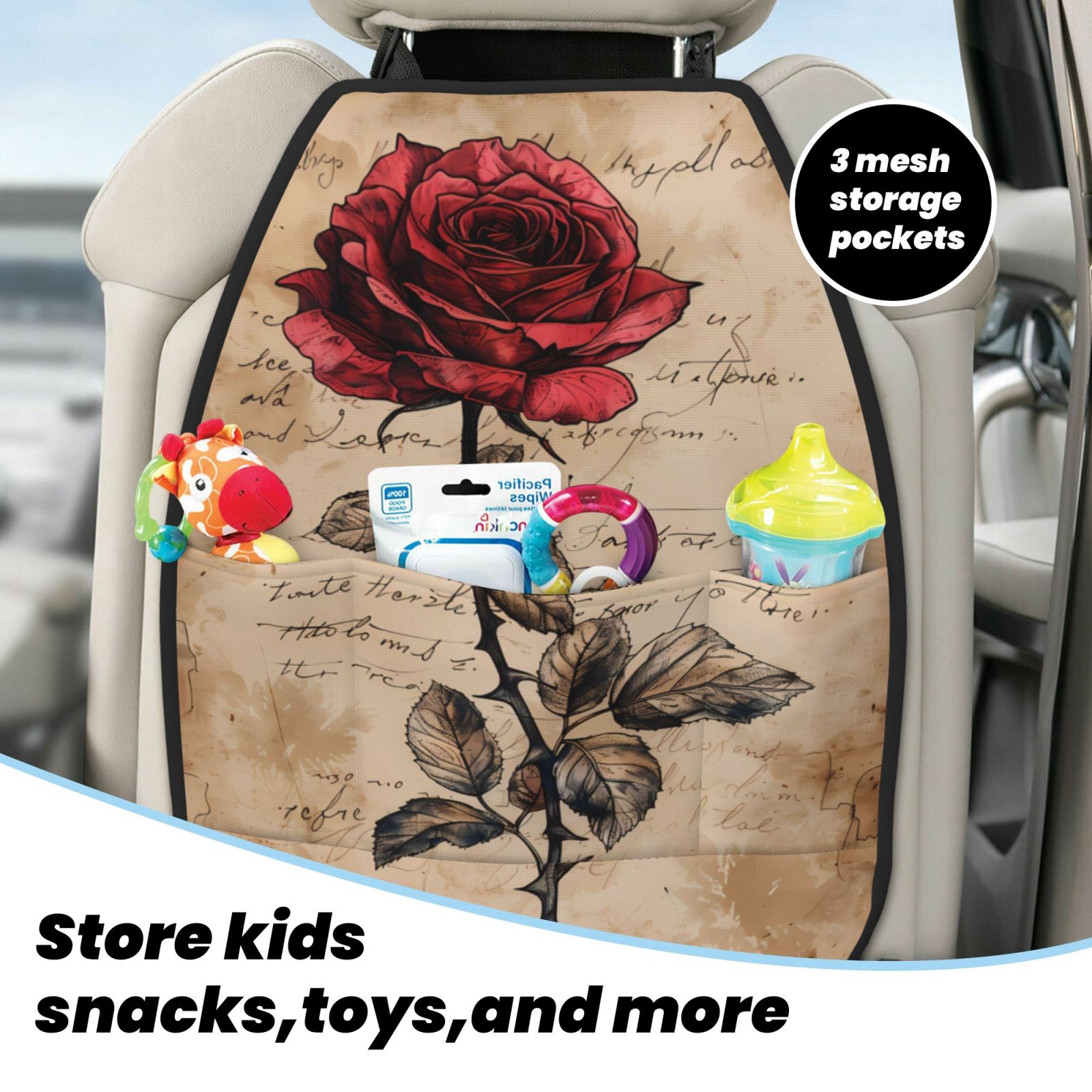 Kdxio Vintage Rose Botanical Art Print 2 Pack Car Kick Mat Seat Cover Back Protector Mat with Pockets for Organizer Backseat Protector and Storage Anti Kick Pad for Vehicles