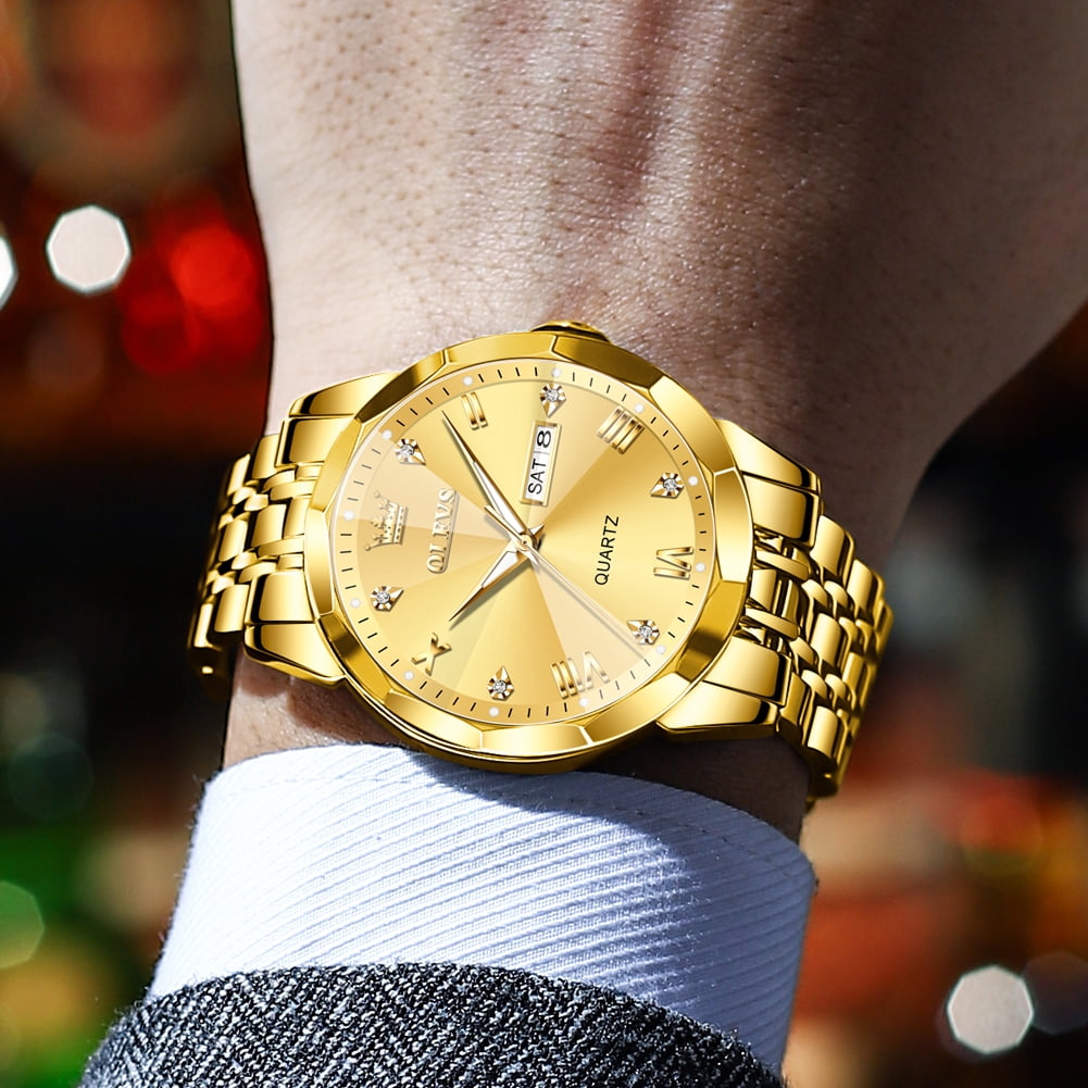 OLEVS Watch for Men Diamond Business Dress Analog Quartz Stainless Steel Waterproof Luminous Date Luxury Casual Wrist Watch Gold Dial