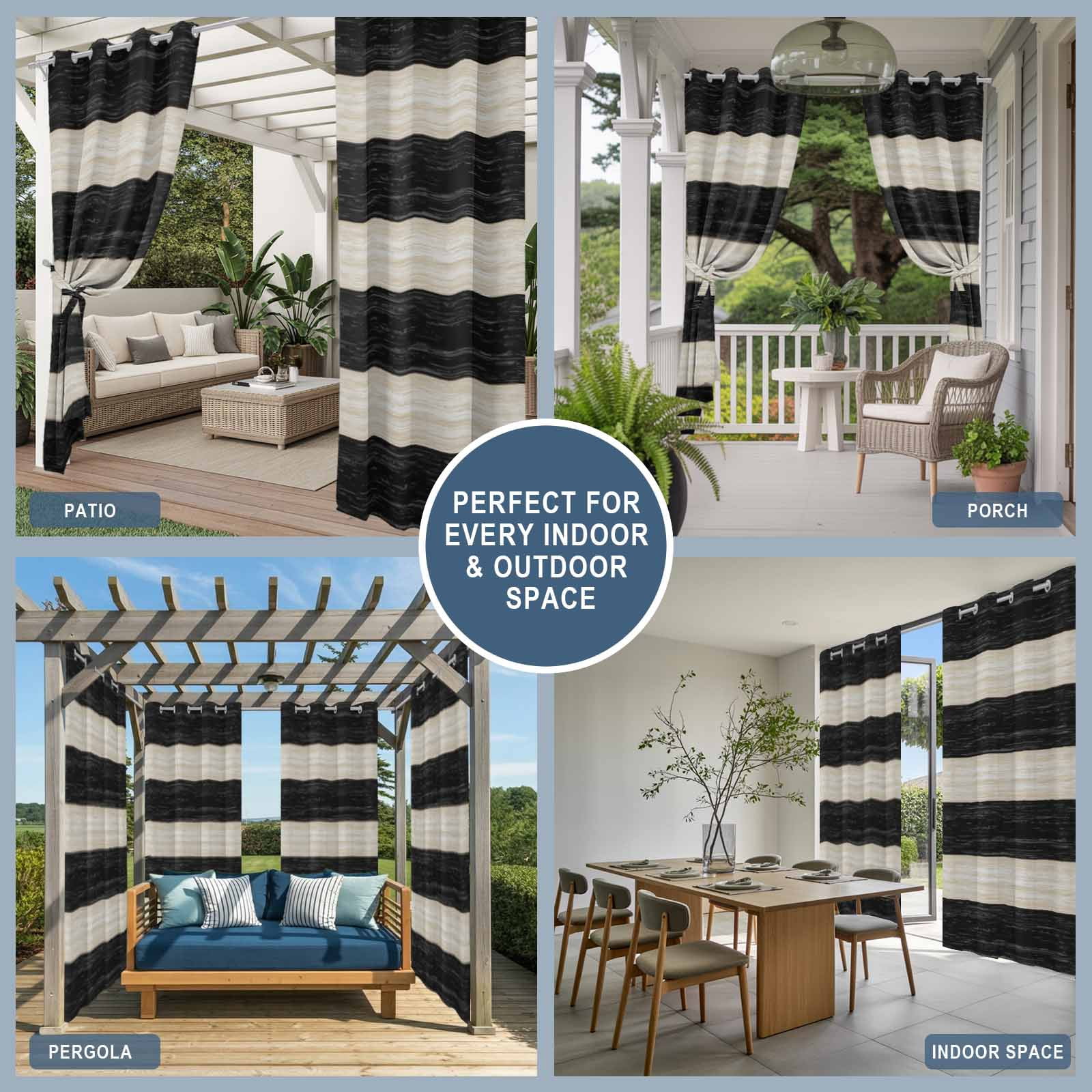 Outdoor Curtains for Patio Waterproof, Black Cream Striped Windproof Pravicy Outside Porch Blackout Curtain, Farmhouse Vintage Shabby Chic Wood Grain Sun Blocking Curtains for Cabana 54"x108"