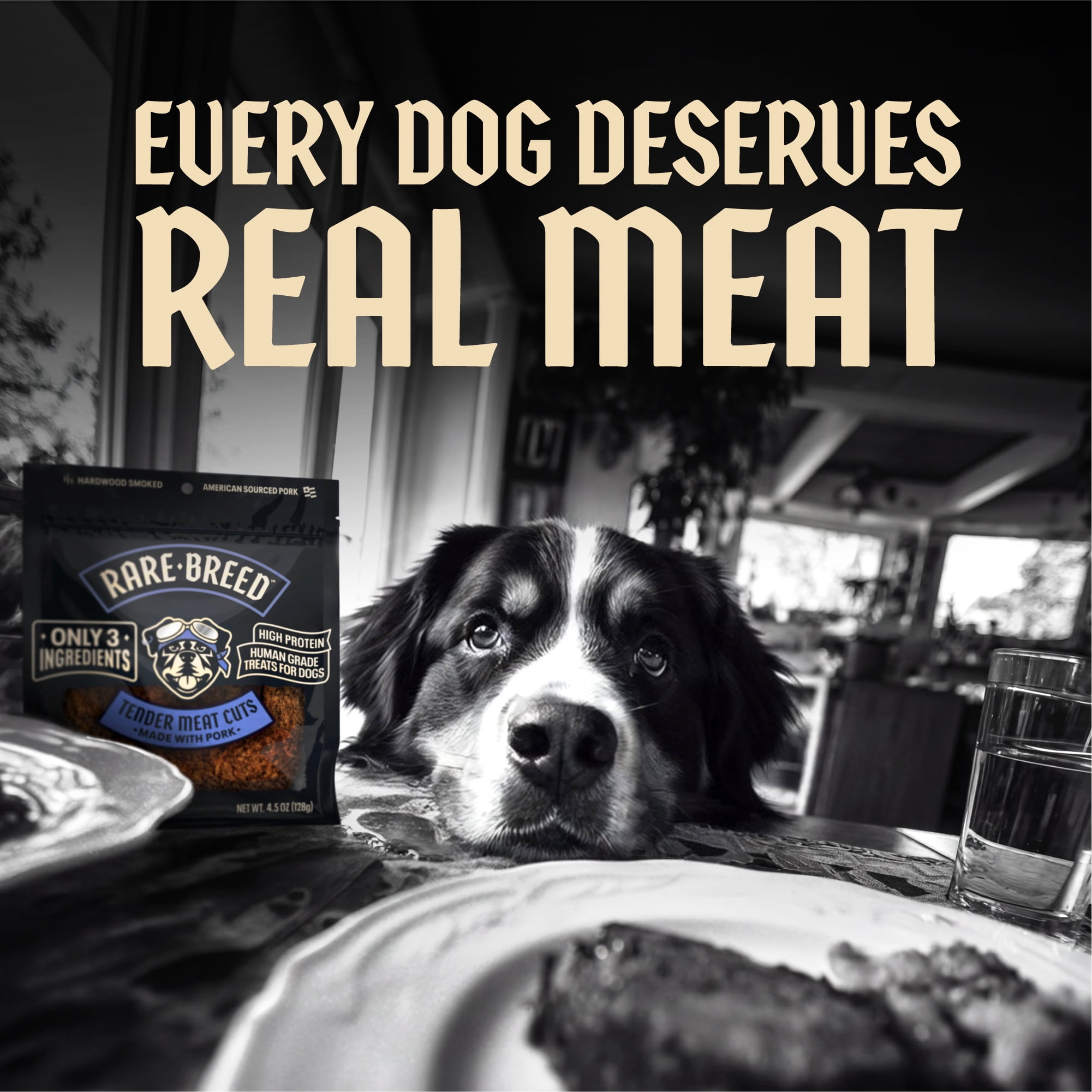 (7 pack) Rare Breed Dog Treats, Tender Meat Cuts Made with Pork, 3 Ingredients, Human Grade, 4.5 Ounce packs, for All Sized Dogs