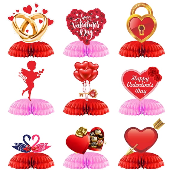 Red Valentines Centerpieces for Tables - Large, Pack of 9 | 3D Valentine Honeycomb Centerpiece, Valentines Day Table Decorations | Valentines Day Table Centerpiece, Valentines Day Decorations