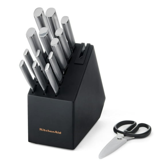 KitchenAid Gourmet 15-Piece Forged Knife Block Set with Sharpener, High-Carbon Steel, Black Slim Block